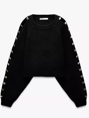 ZARA Black Crewneck Sweater with Silver Button Trim